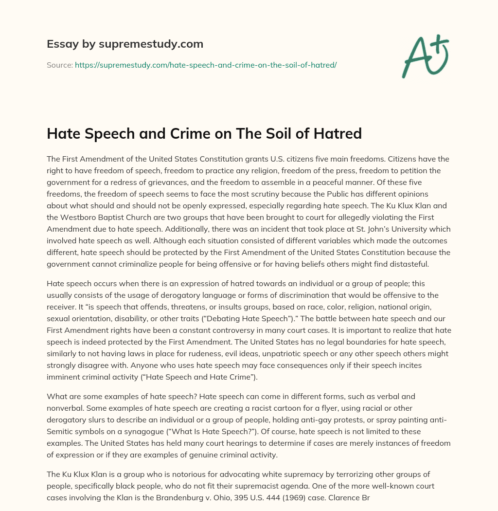 Hate Speech and Crime on The Soil of Hatred essay