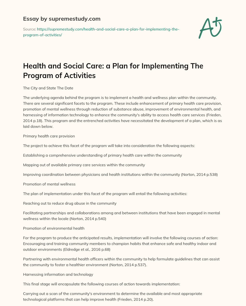 Health and Social Care: a Plan for Implementing The Program of Activities essay