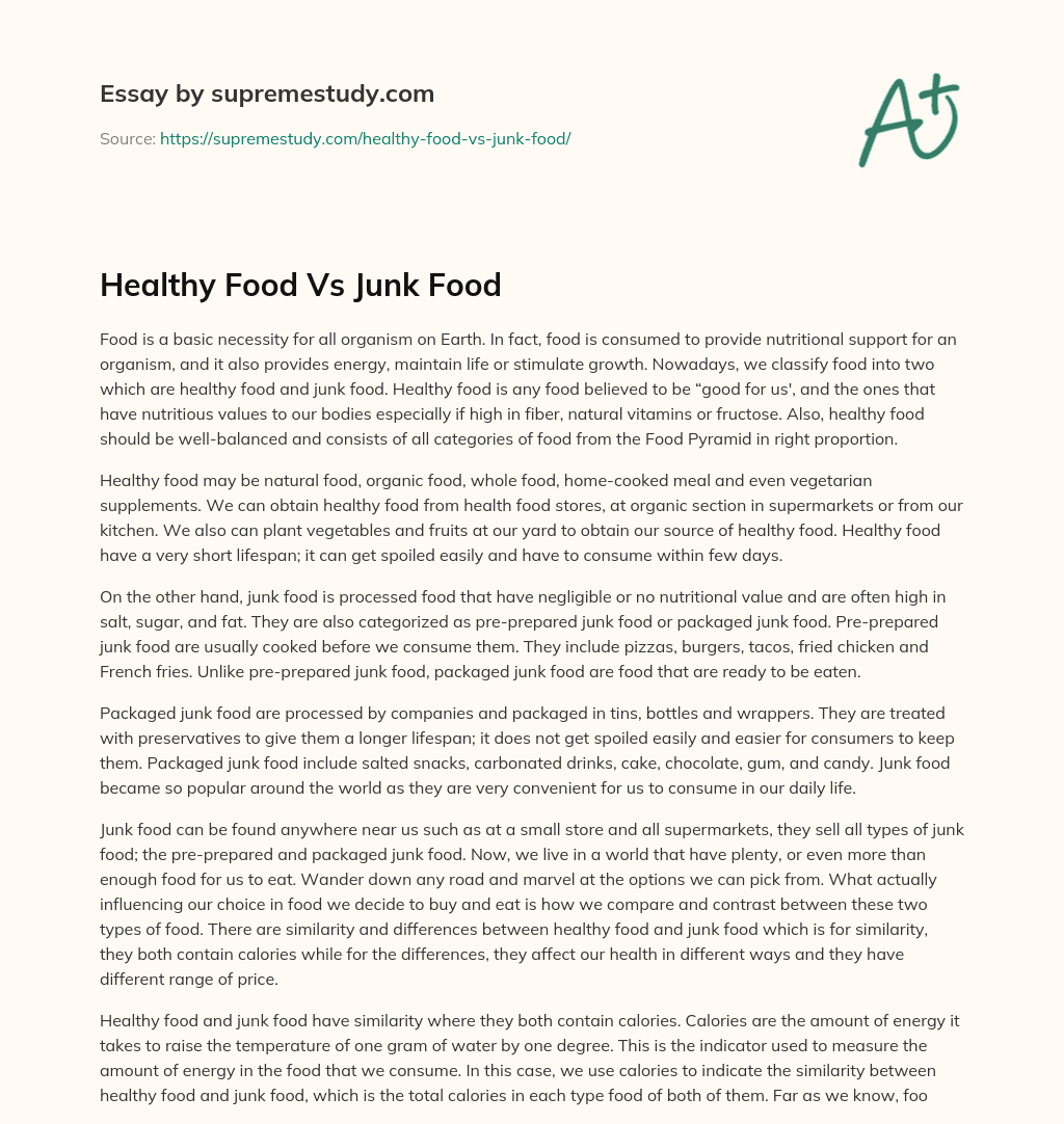 junk food versus healthy food essay