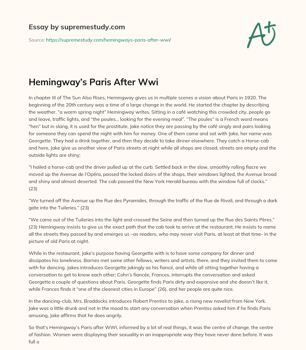 Hemingway’s Paris After Wwi essay
