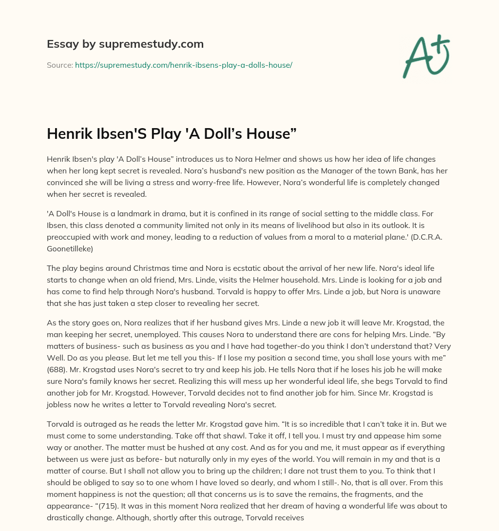Henrik Ibsen’S Play ‘A Doll’s House” essay