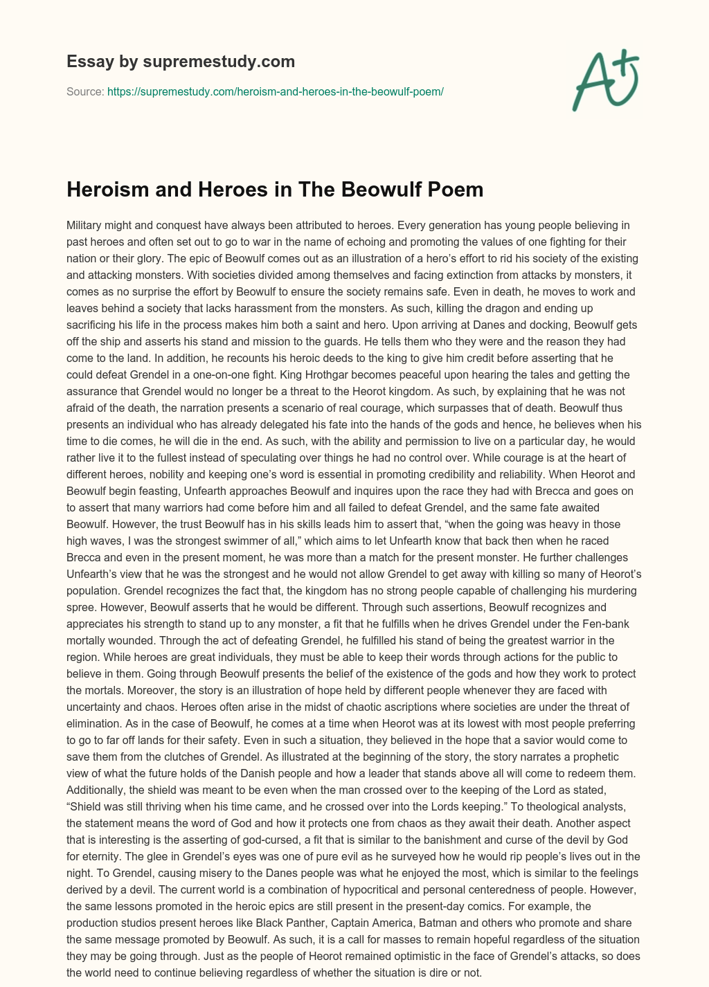 Heroism and Heroes in The Beowulf Poem essay