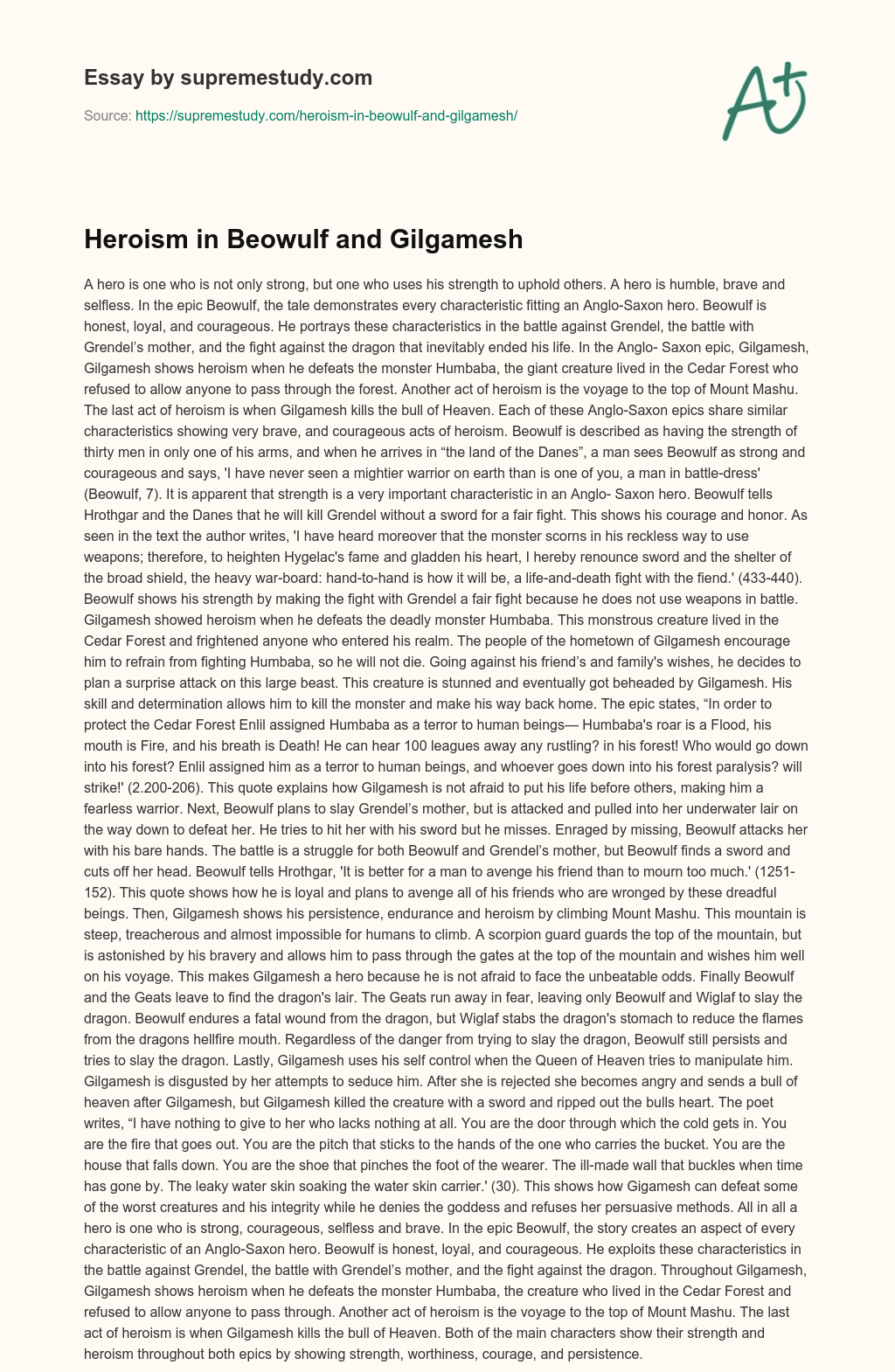 Heroism in Beowulf and Gilgamesh essay