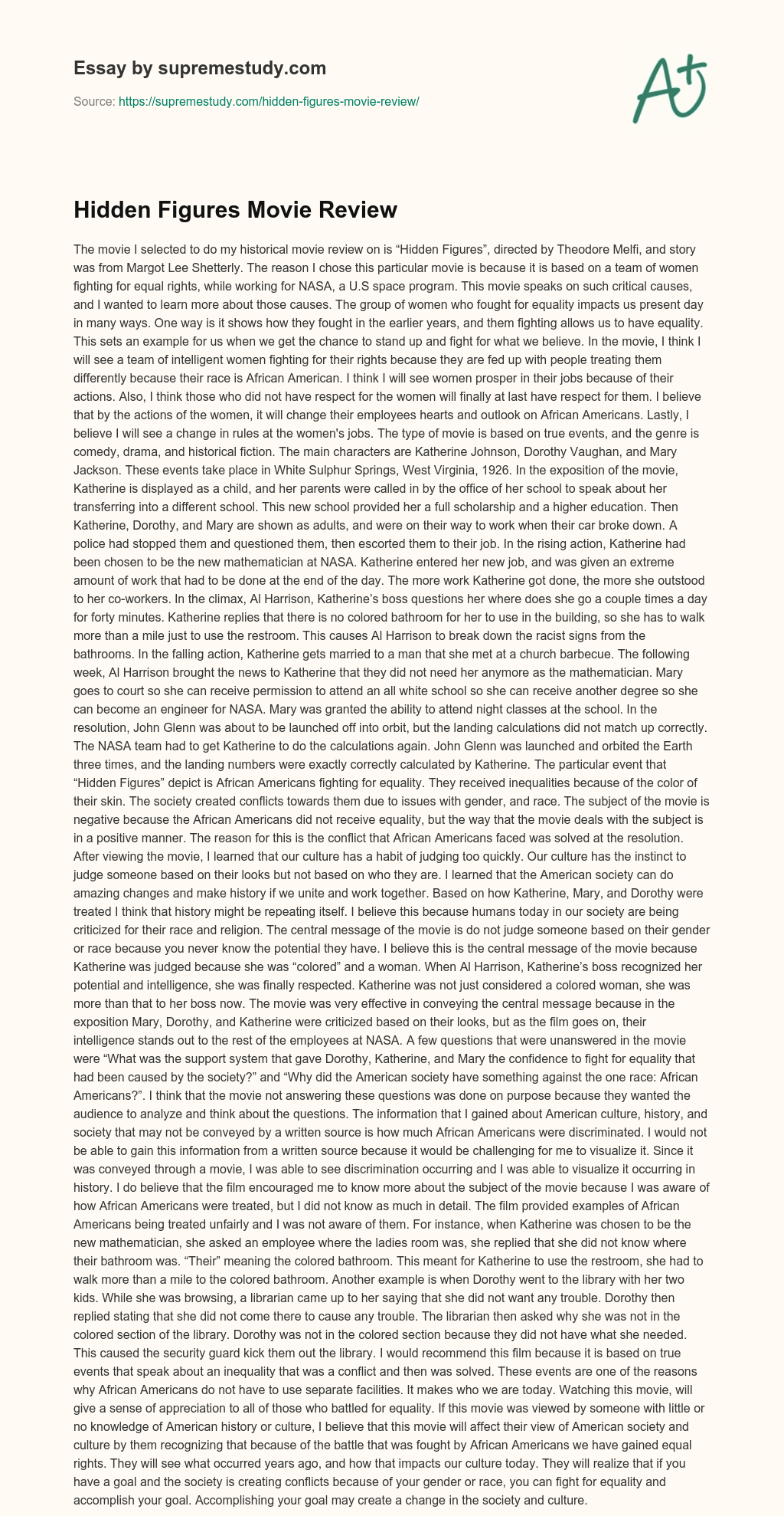 Hidden Figures Movie Review essay