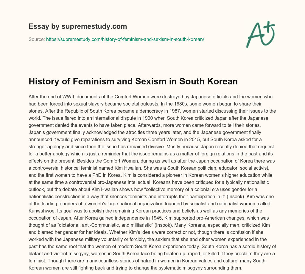 History of Feminism and Sexism in South Korean essay