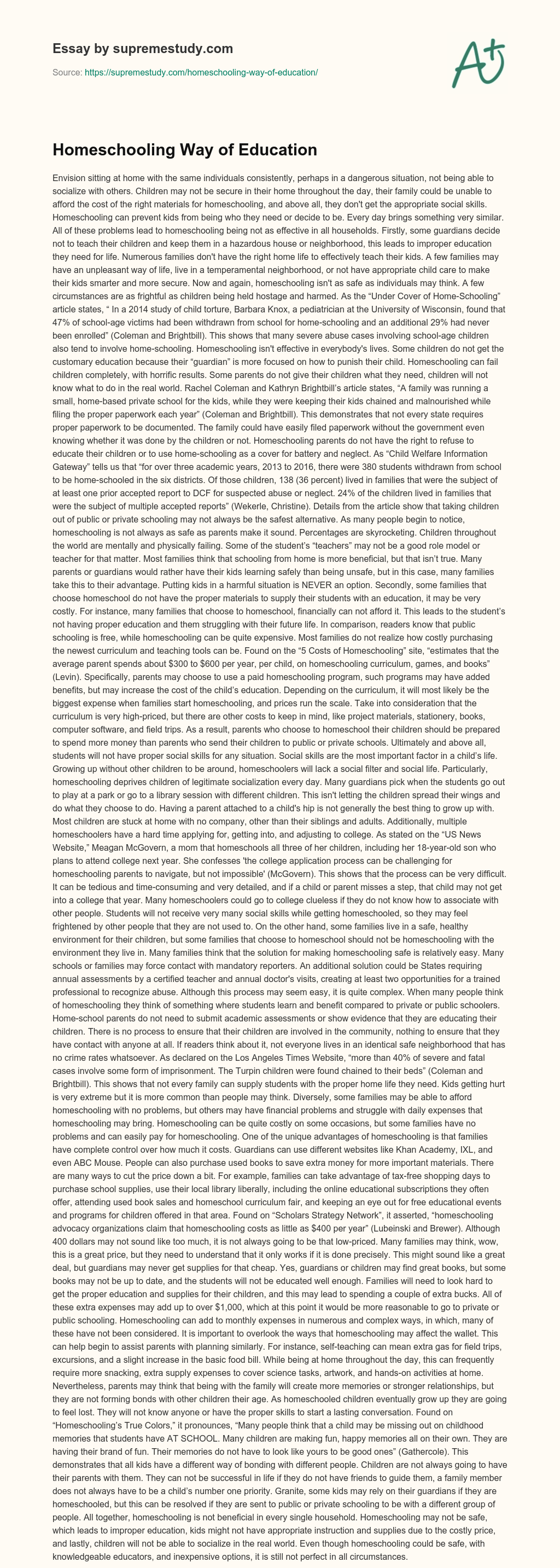 Homeschooling Way of Education essay