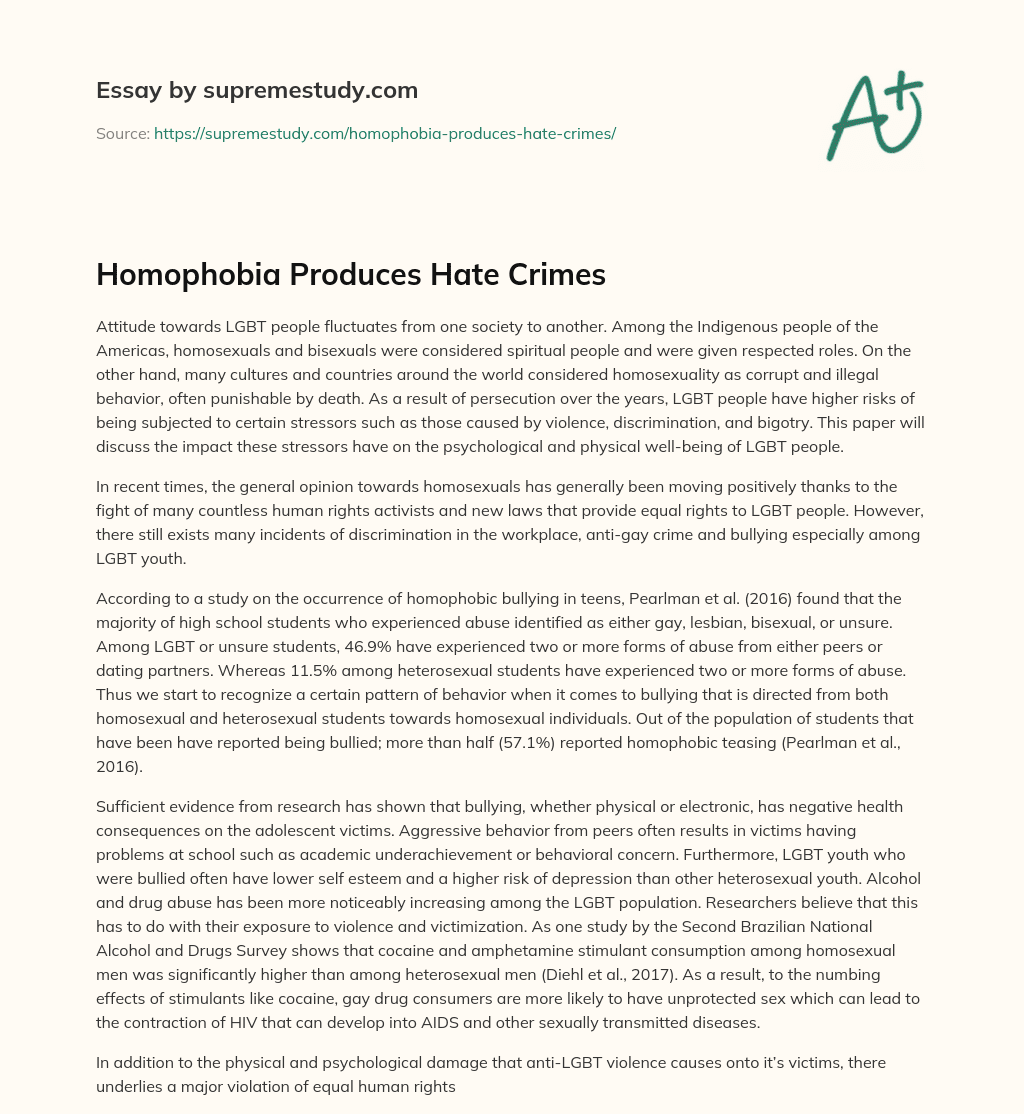 Homophobia Produces Hate Crimes essay