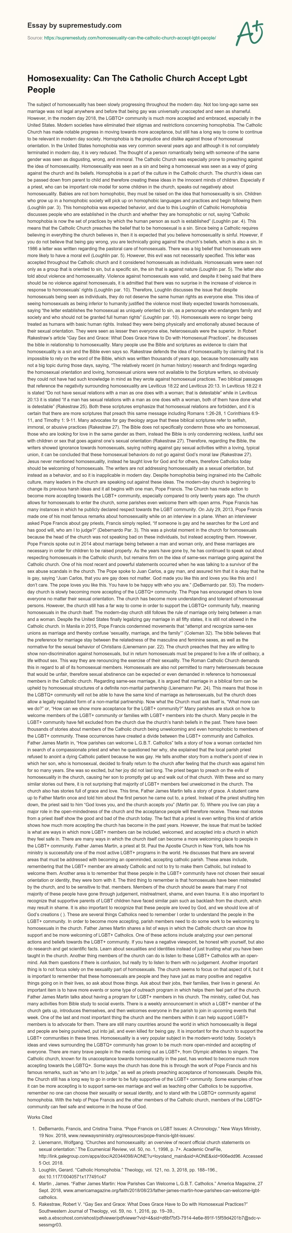 Homosexuality: Can The Catholic Church Accept Lgbt People essay