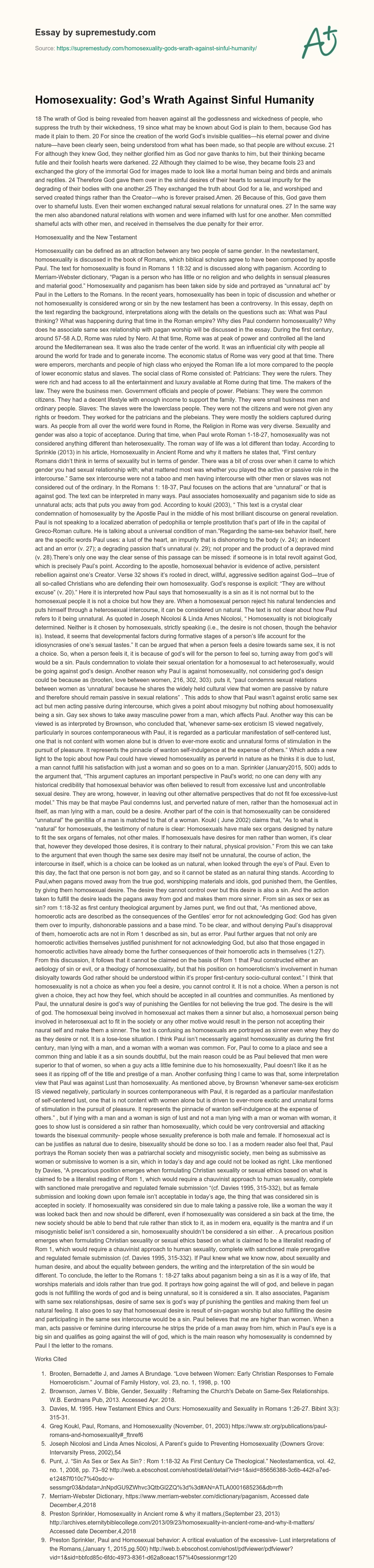 Homosexuality: God’s Wrath Against Sinful Humanity essay