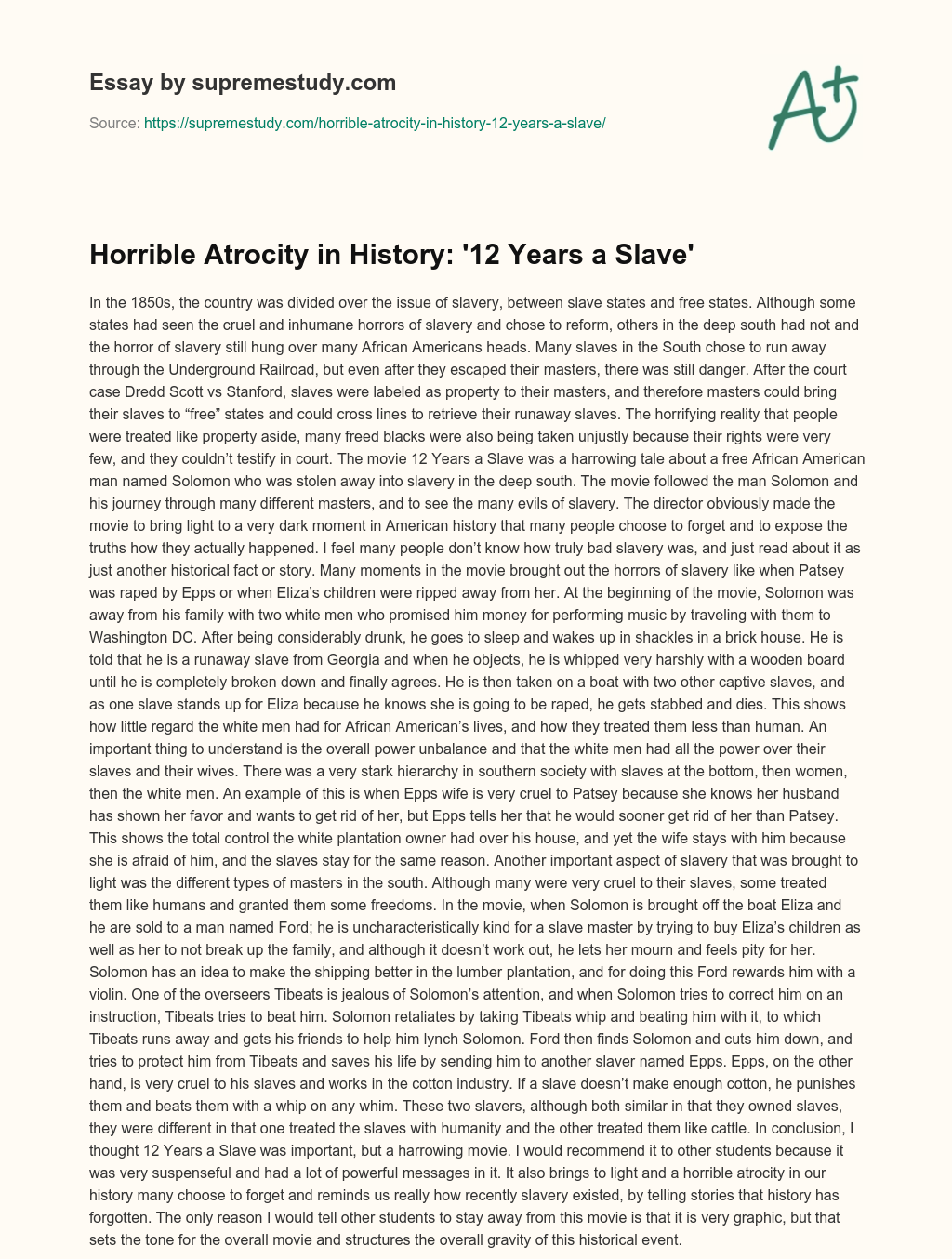 Horrible Atrocity in History: ’12 Years a Slave’ essay