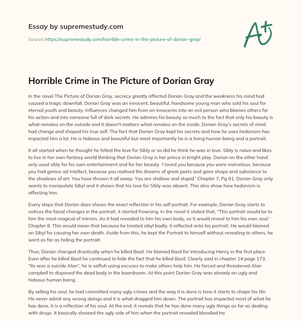 Horrible Crime in The Picture of Dorian Gray essay