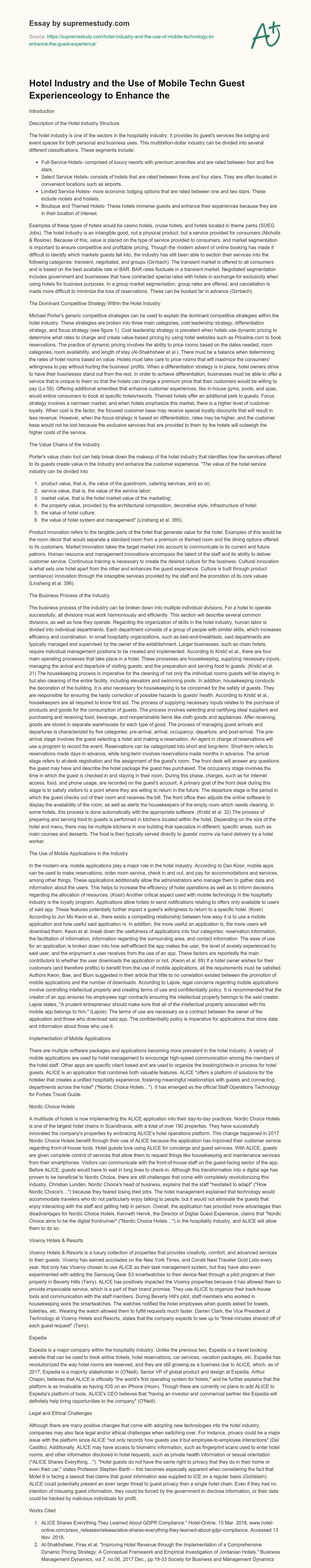 Hotel Industry and the Use of Mobile Techn Guest Experienceology to Enhance the essay