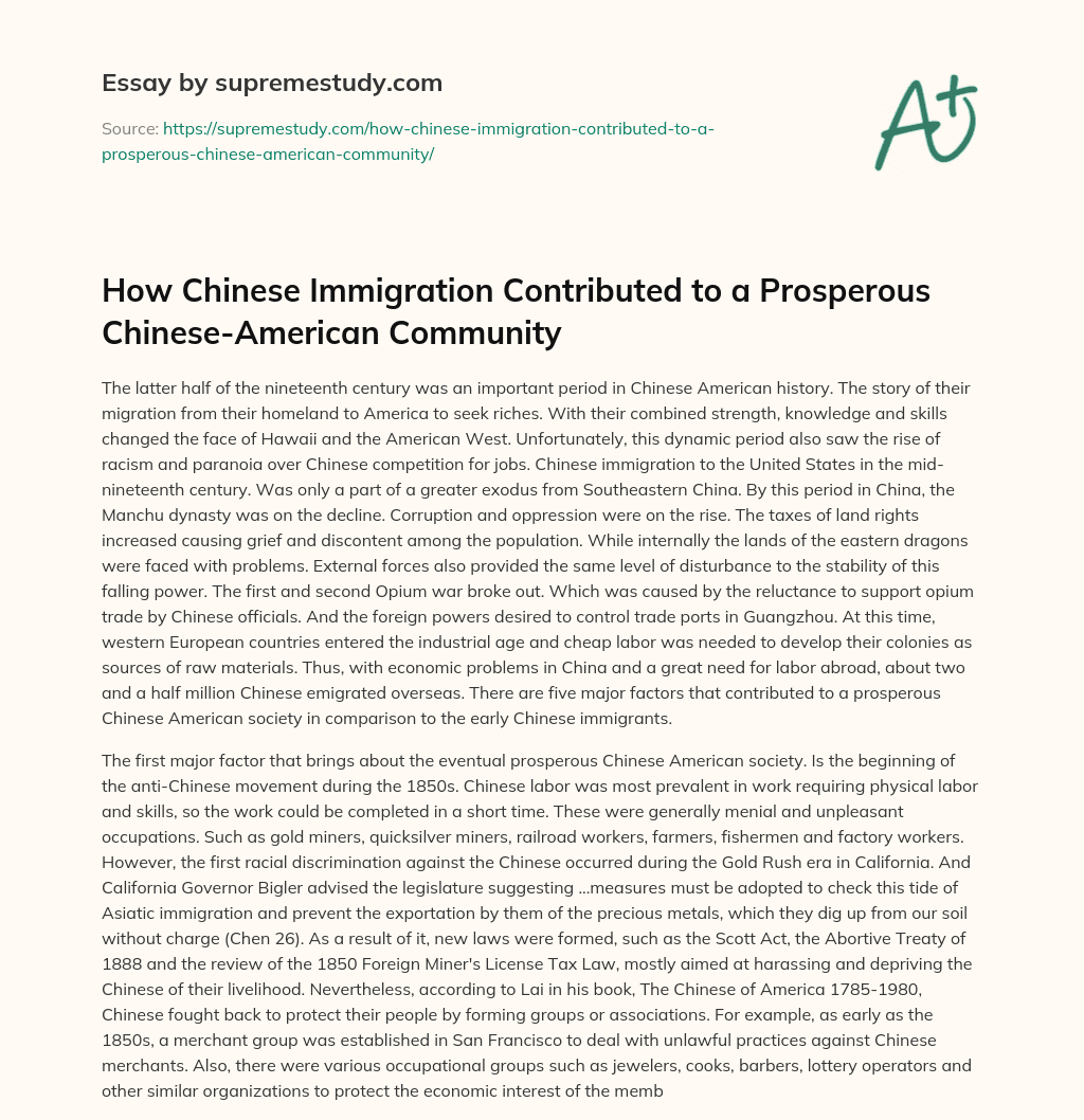 How Chinese Immigration Contributed to a Prosperous Chinese-American Community essay