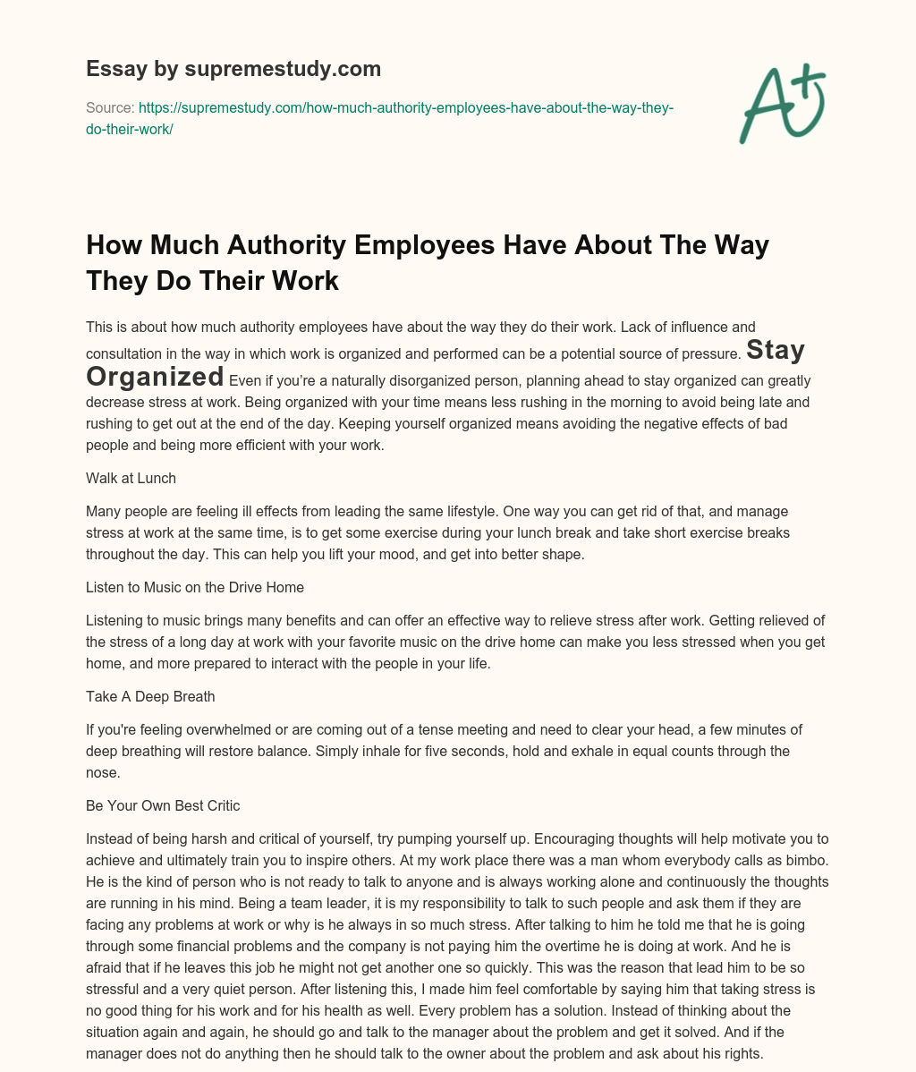 How Much Authority Employees Have About The Way They Do Their Work essay