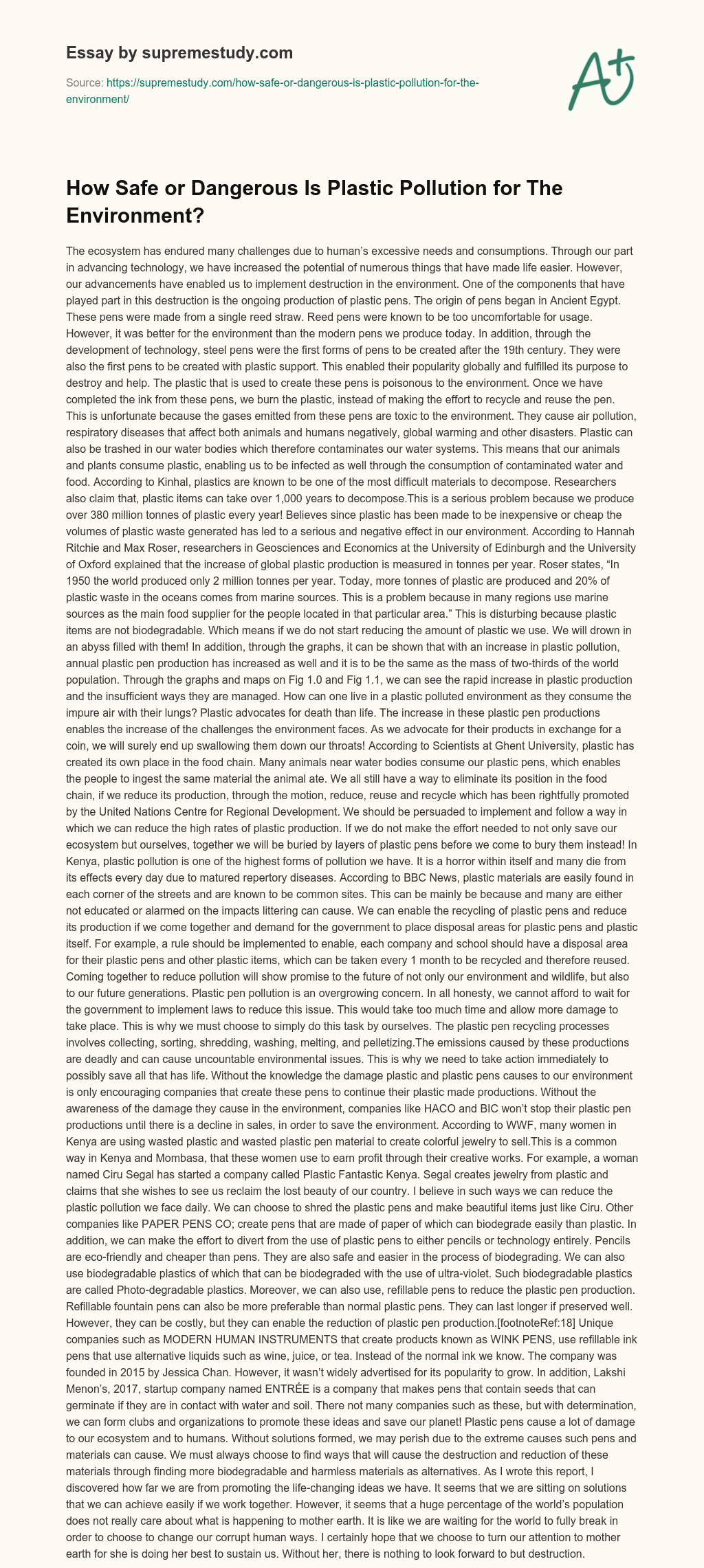 How Safe or Dangerous Is Plastic Pollution for The Environment? essay