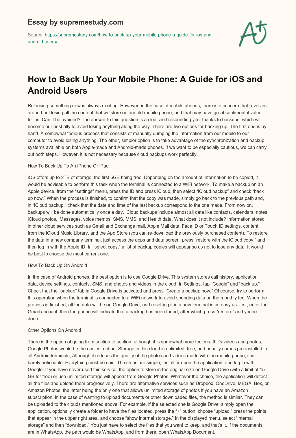 How to Back Up Your Mobile Phone: A Guide for iOS and Android Users essay