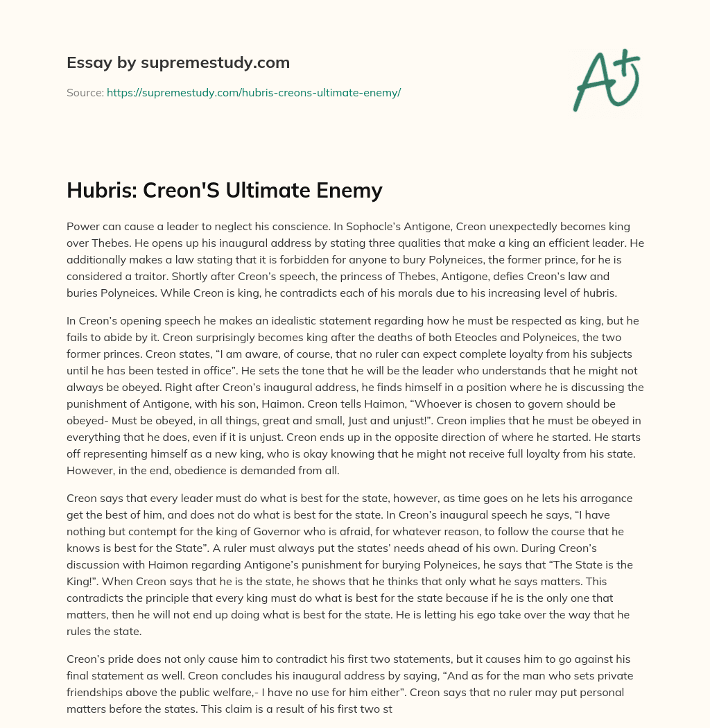 Hubris: Creon’S Ultimate Enemy essay