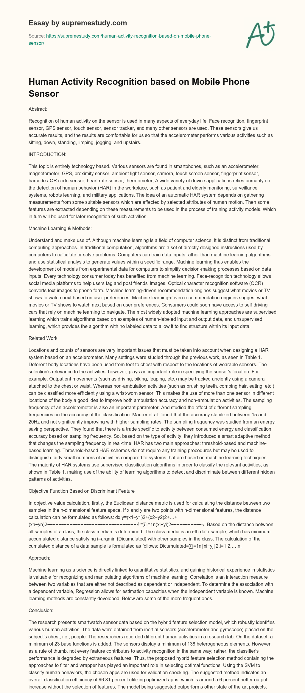 Human Activity Recognition based on Mobile Phone Sensor essay