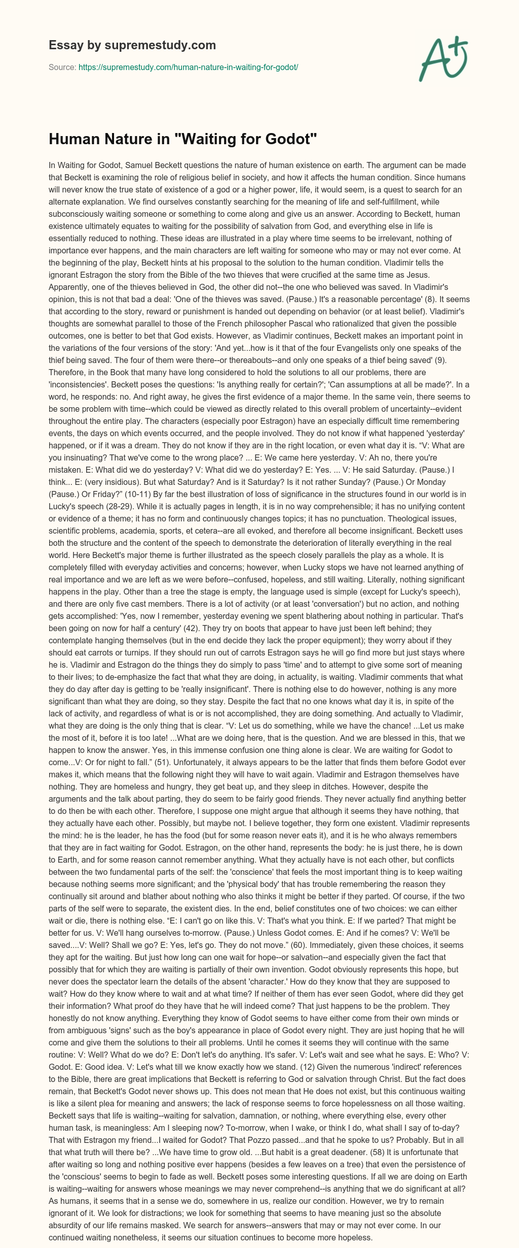 Human Nature in “Waiting for Godot” essay