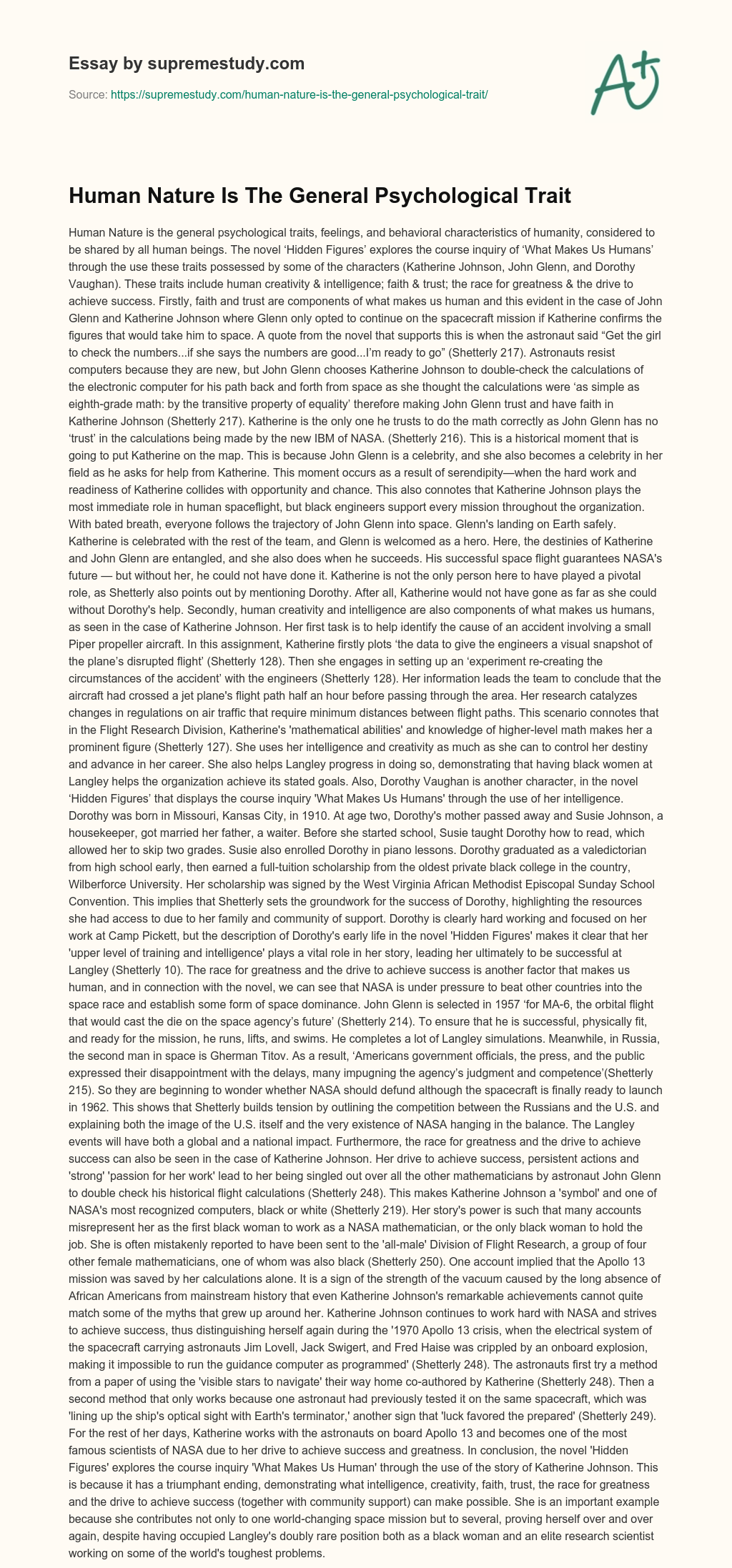 Human Nature Is The General Psychological Trait essay