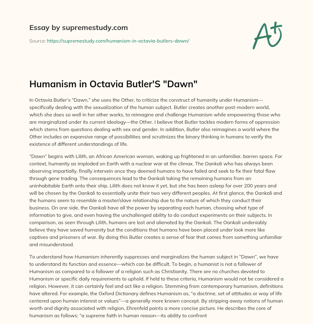Humanism in Octavia Butler’S “Dawn” essay