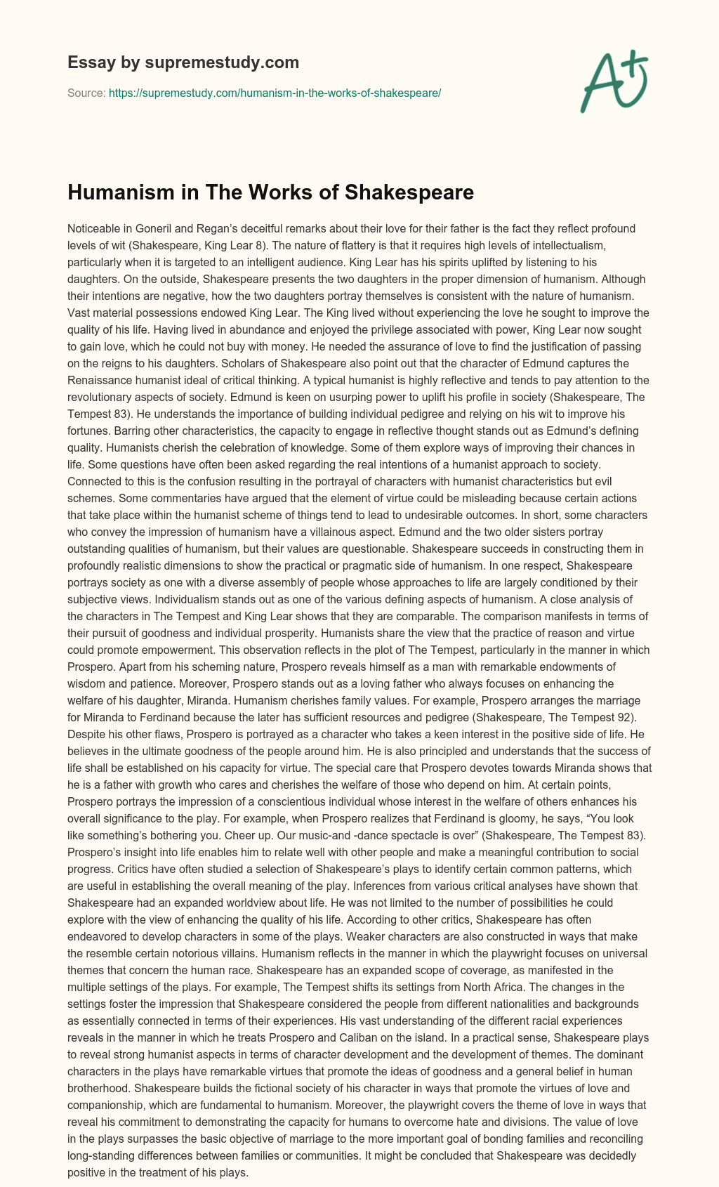 Humanism in The Works of Shakespeare essay