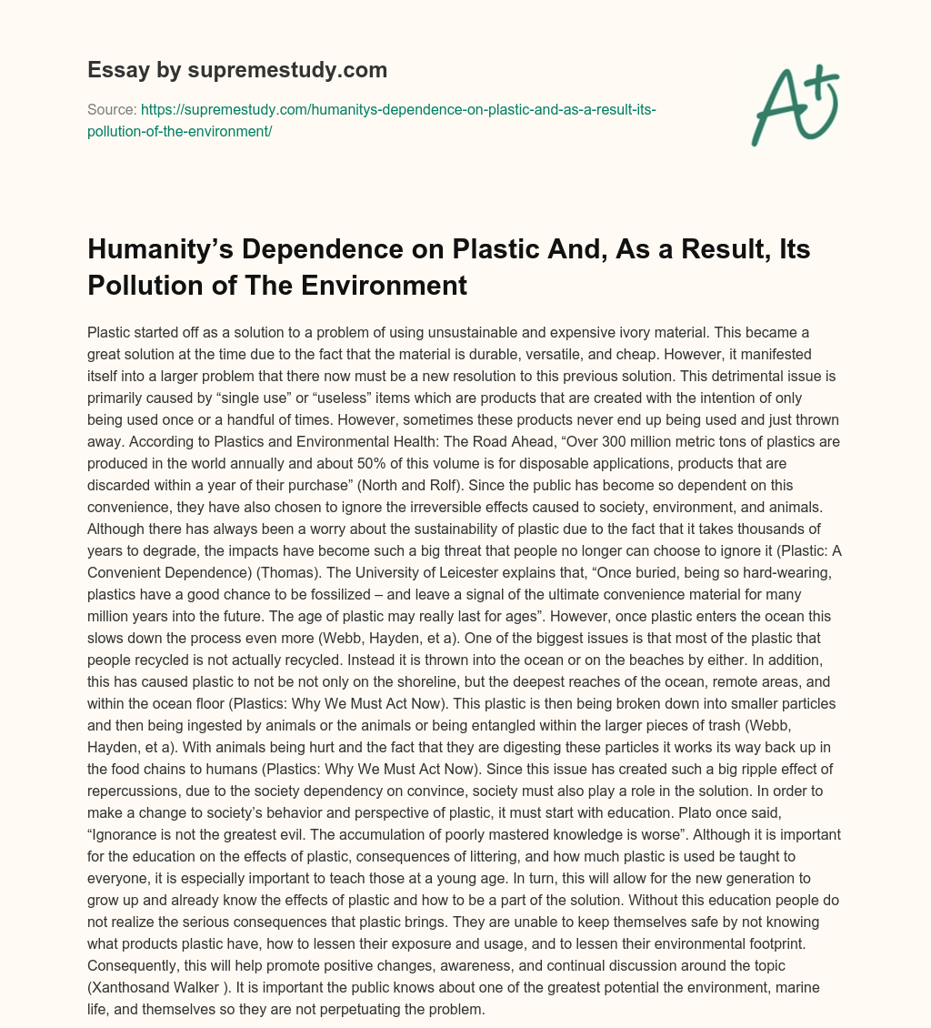 Humanity’s Dependence on Plastic And, As a Result, Its Pollution of The Environment essay