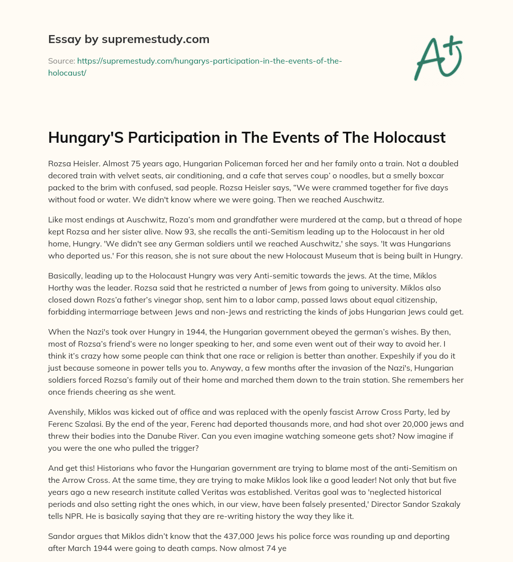 Hungary’S Participation in The Events of The Holocaust essay