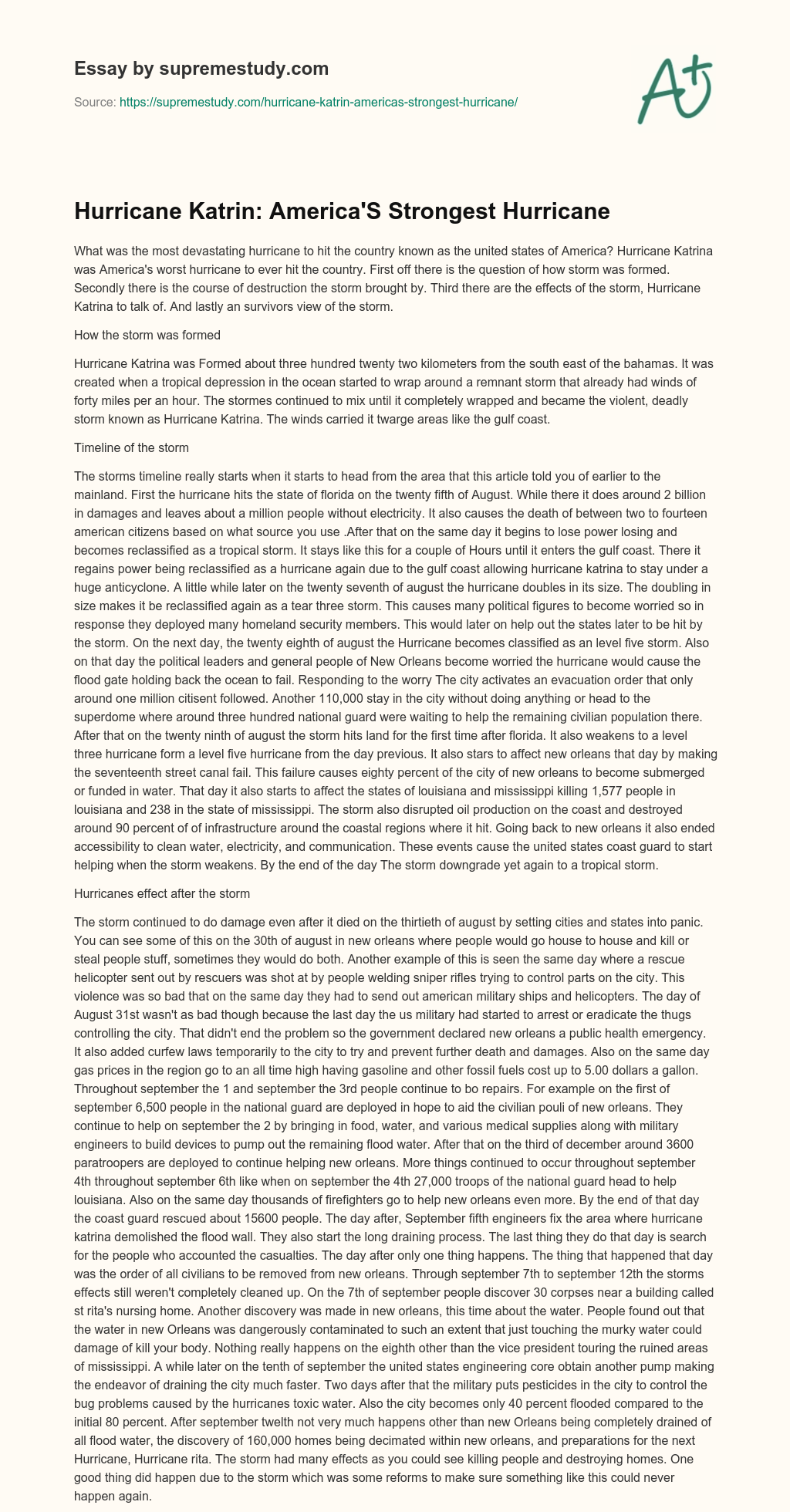 Hurricane Katrin: America’S Strongest Hurricane essay