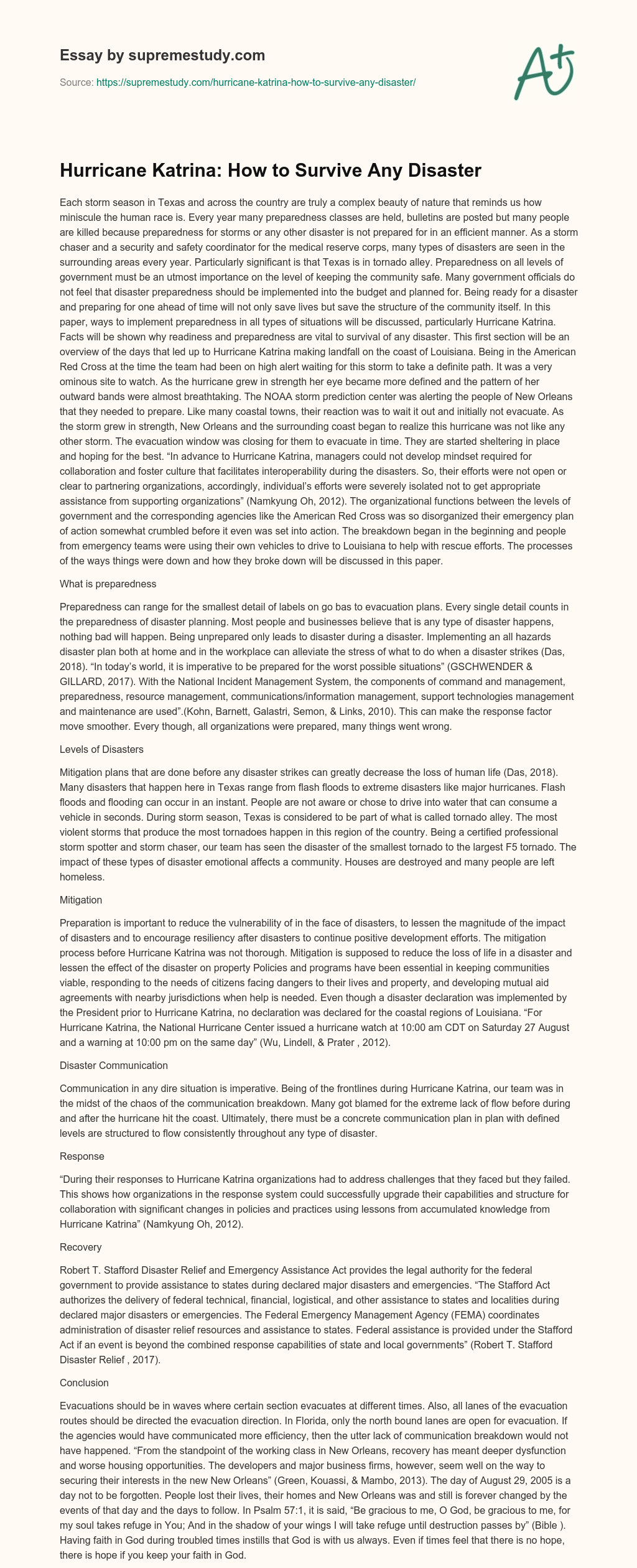 Hurricane Katrina: How to Survive Any Disaster essay