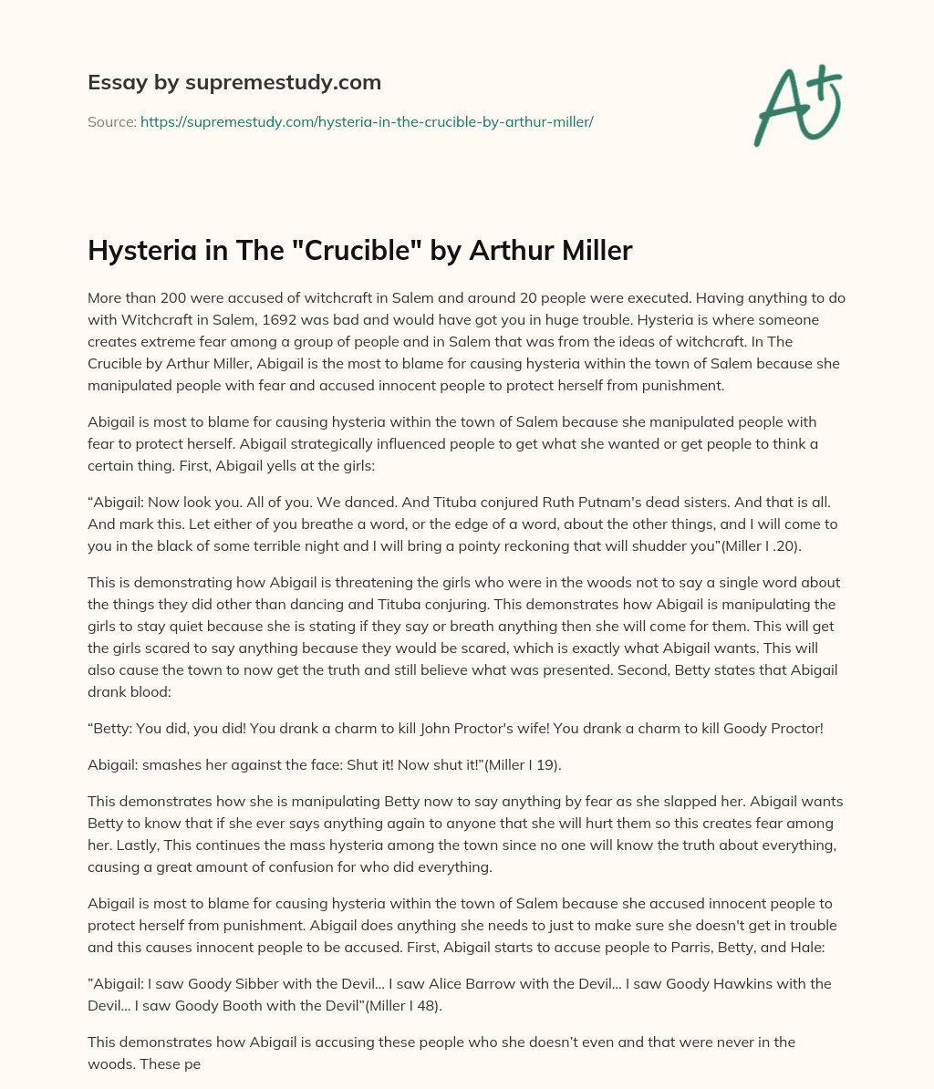 Hysteria in The “Crucible” by Arthur Miller essay
