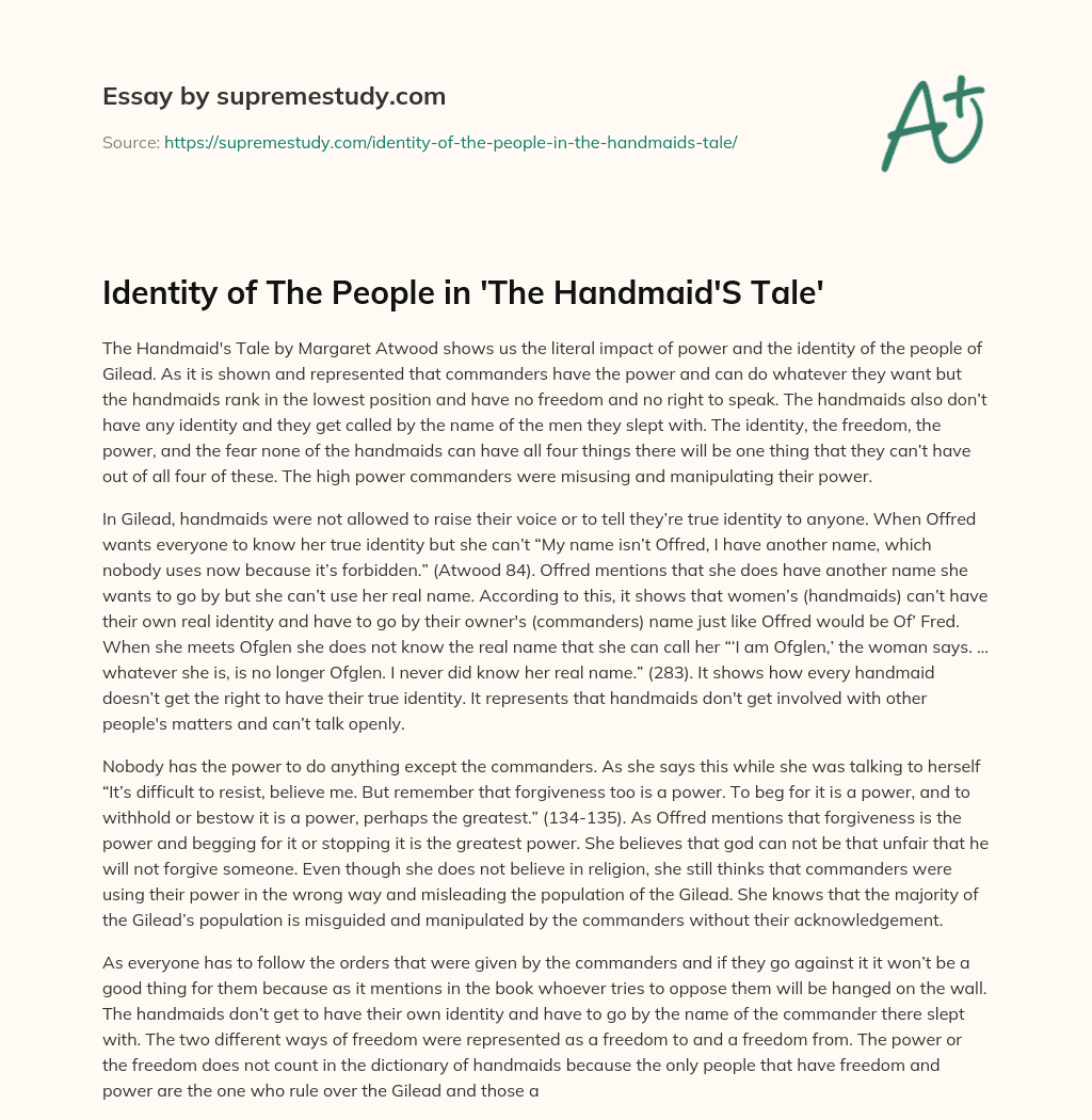 Identity of The People in ‘The Handmaid’S Tale’ essay