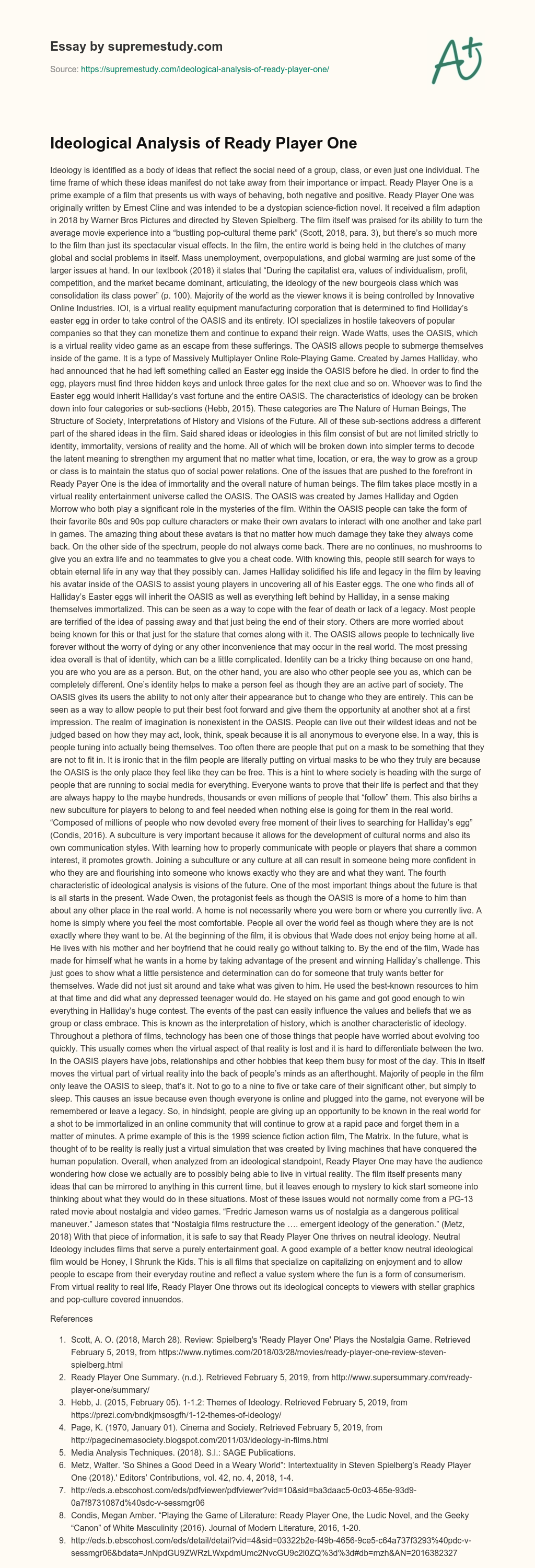 Ideological Analysis of Ready Player One essay