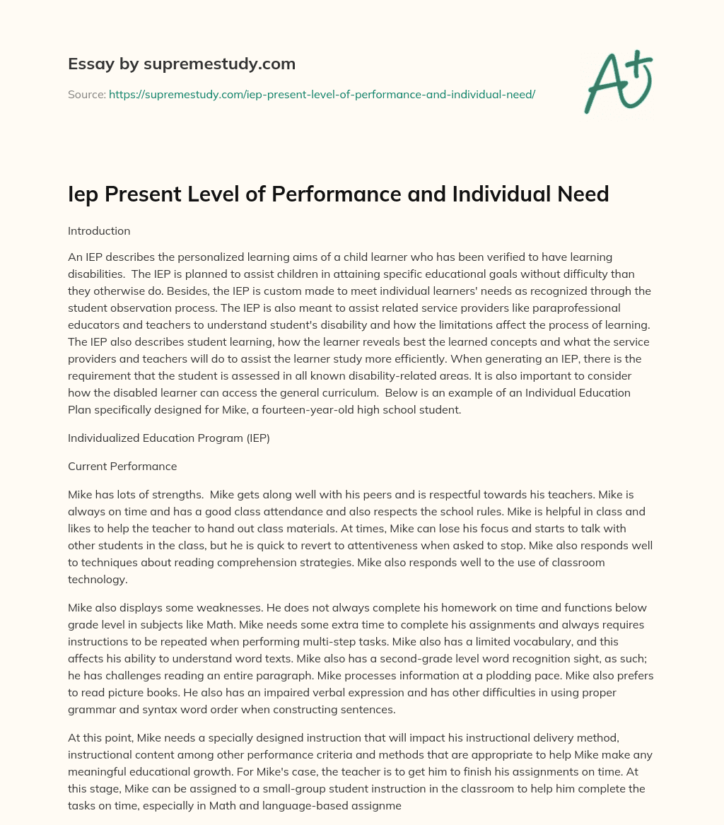 Iep Present Level of Performance and Individual Need essay