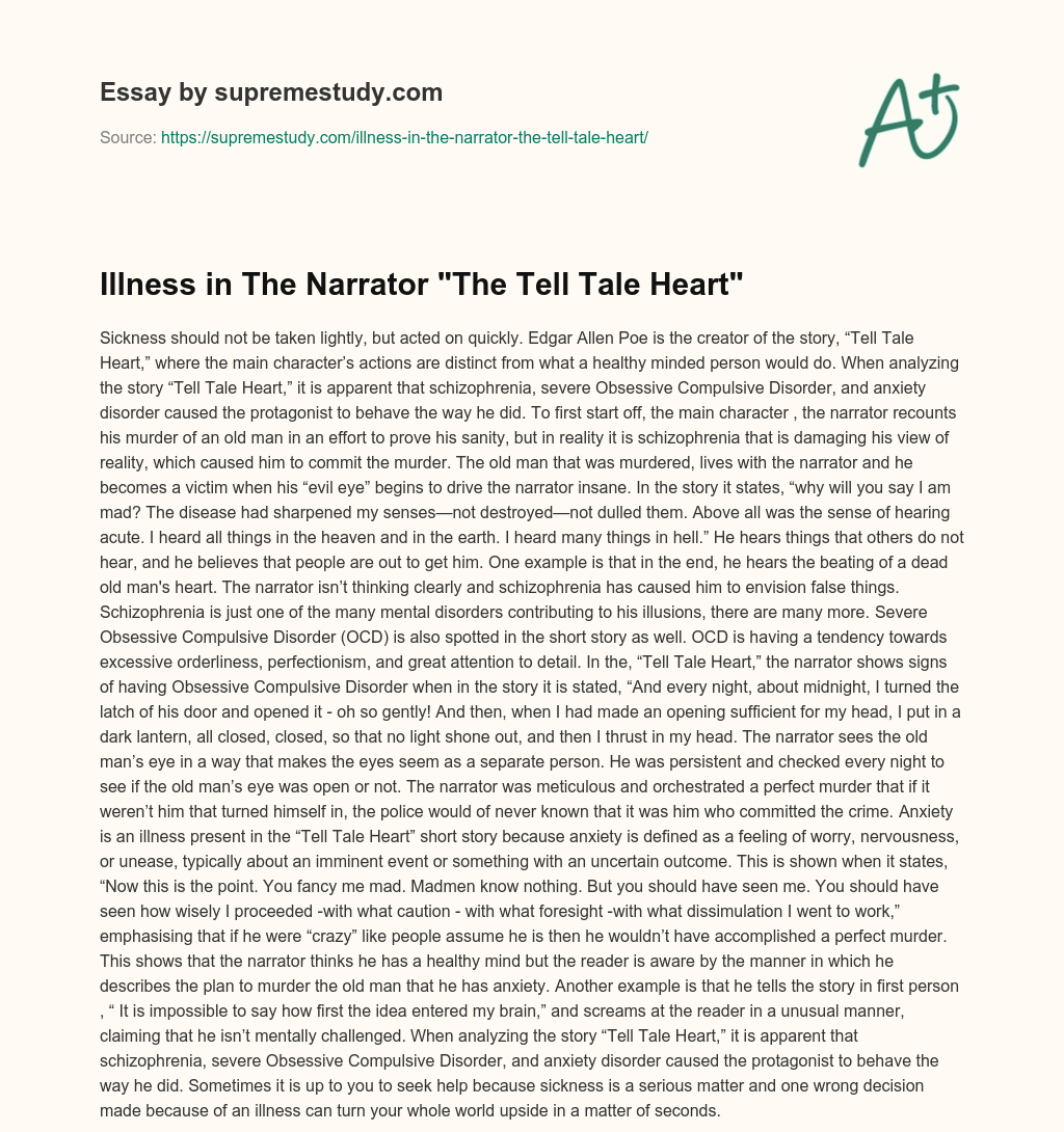 Illness in The Narrator “The Tell Tale Heart” essay