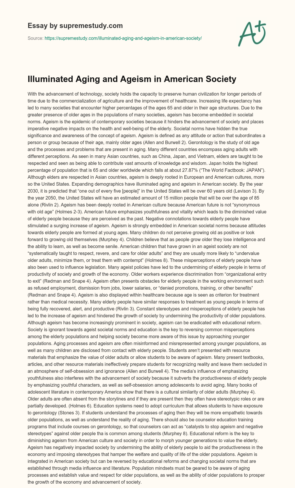 Illuminated Aging and Ageism in American Society essay