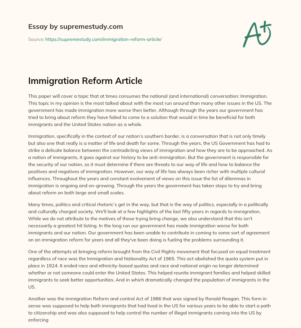 Immigration Reform Article essay