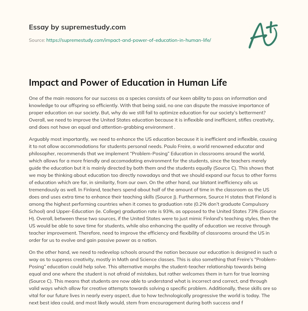 Impact and Power of Education in Human Life essay