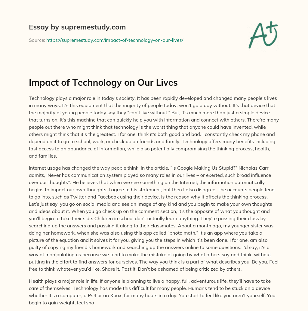essay about the impact of technology on our lives