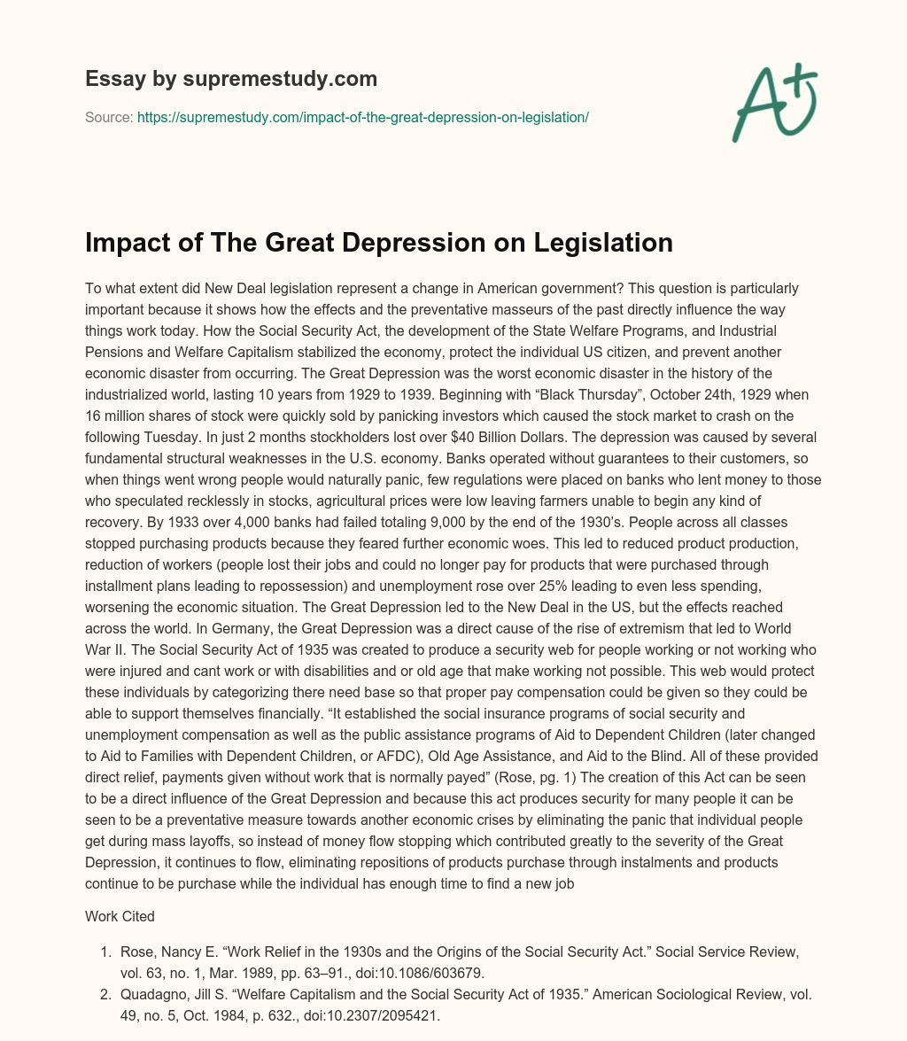 Impact of The Great Depression on Legislation essay