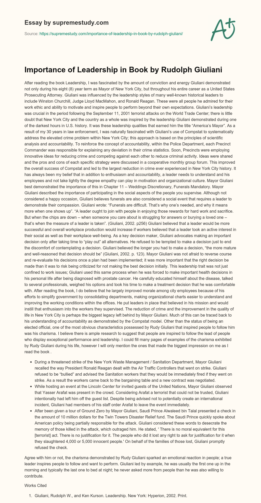 Importance of Leadership in Book by Rudolph Giuliani essay