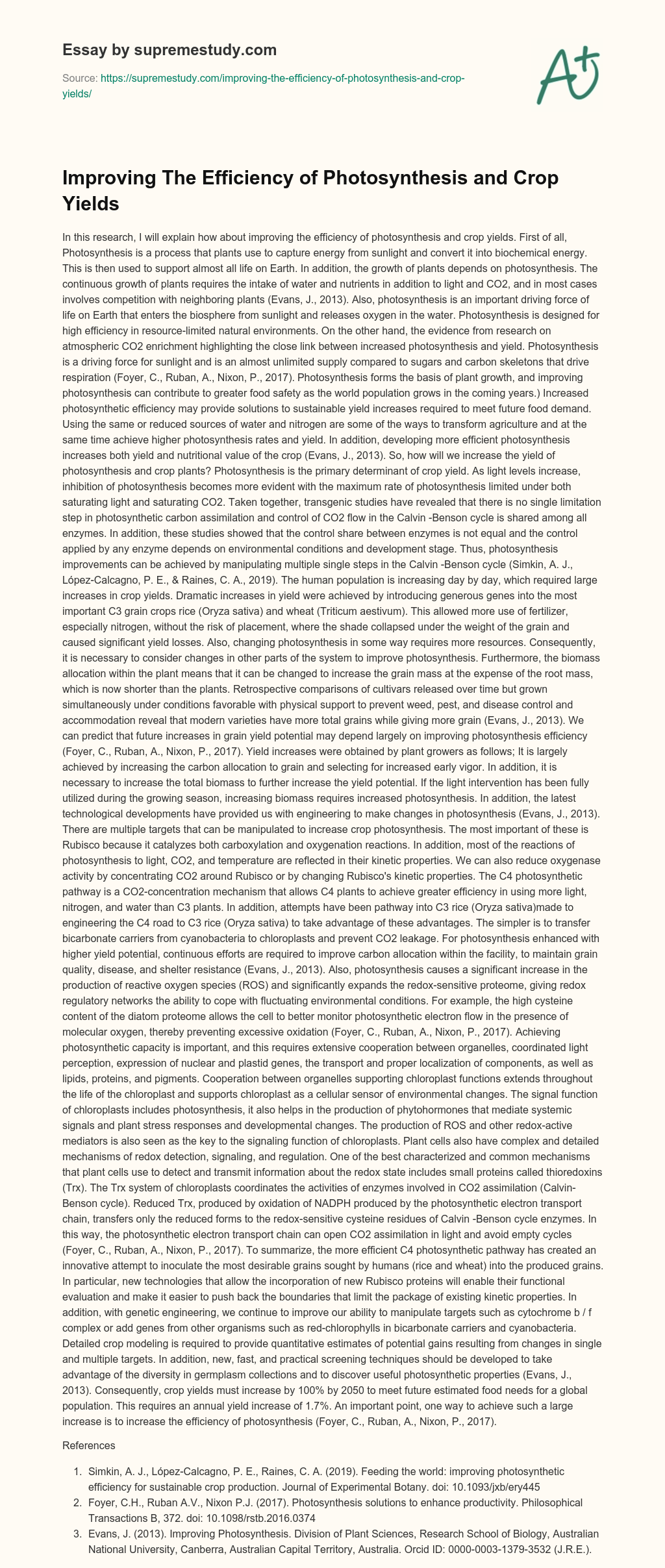 Improving The Efficiency of Photosynthesis and Crop Yields essay