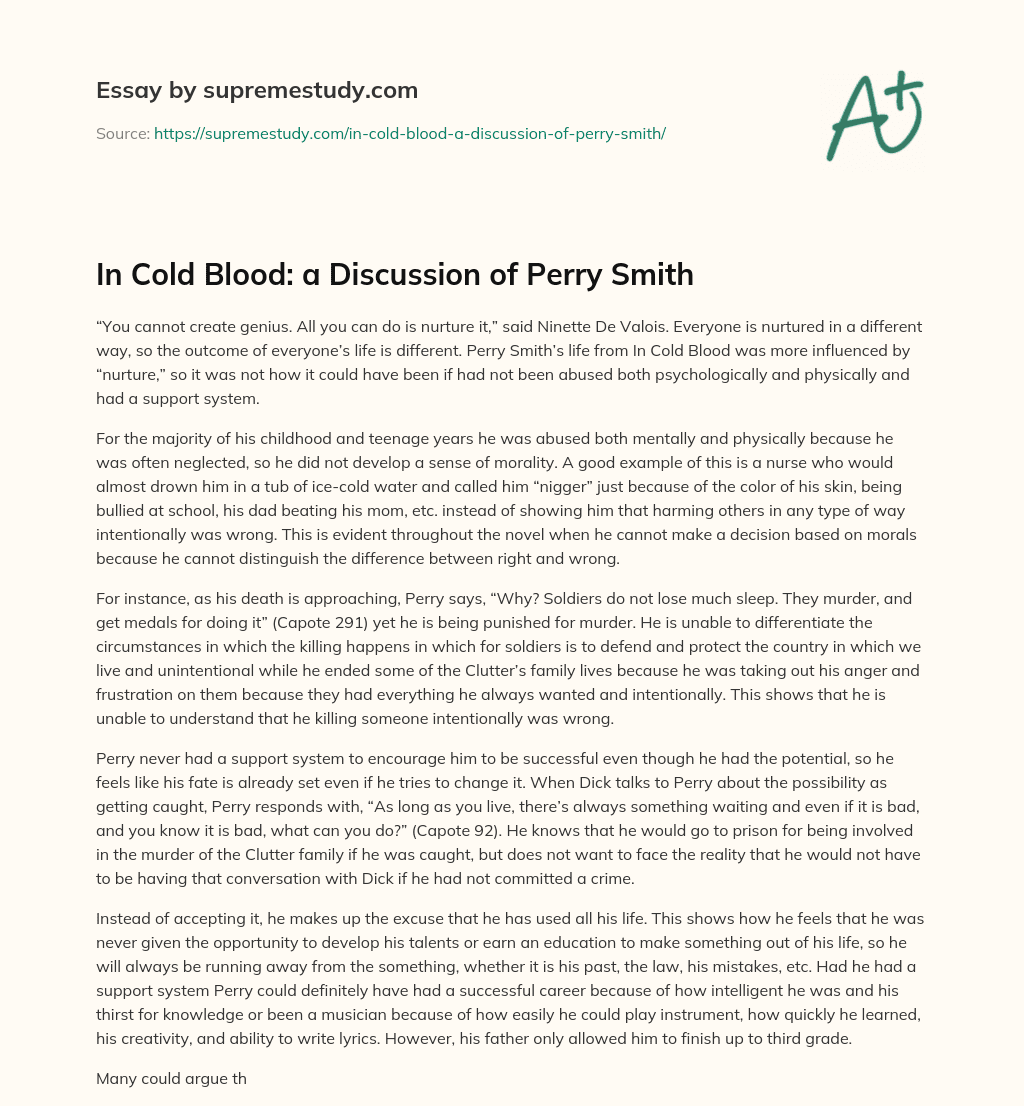 In Cold Blood: a Discussion of Perry Smith essay