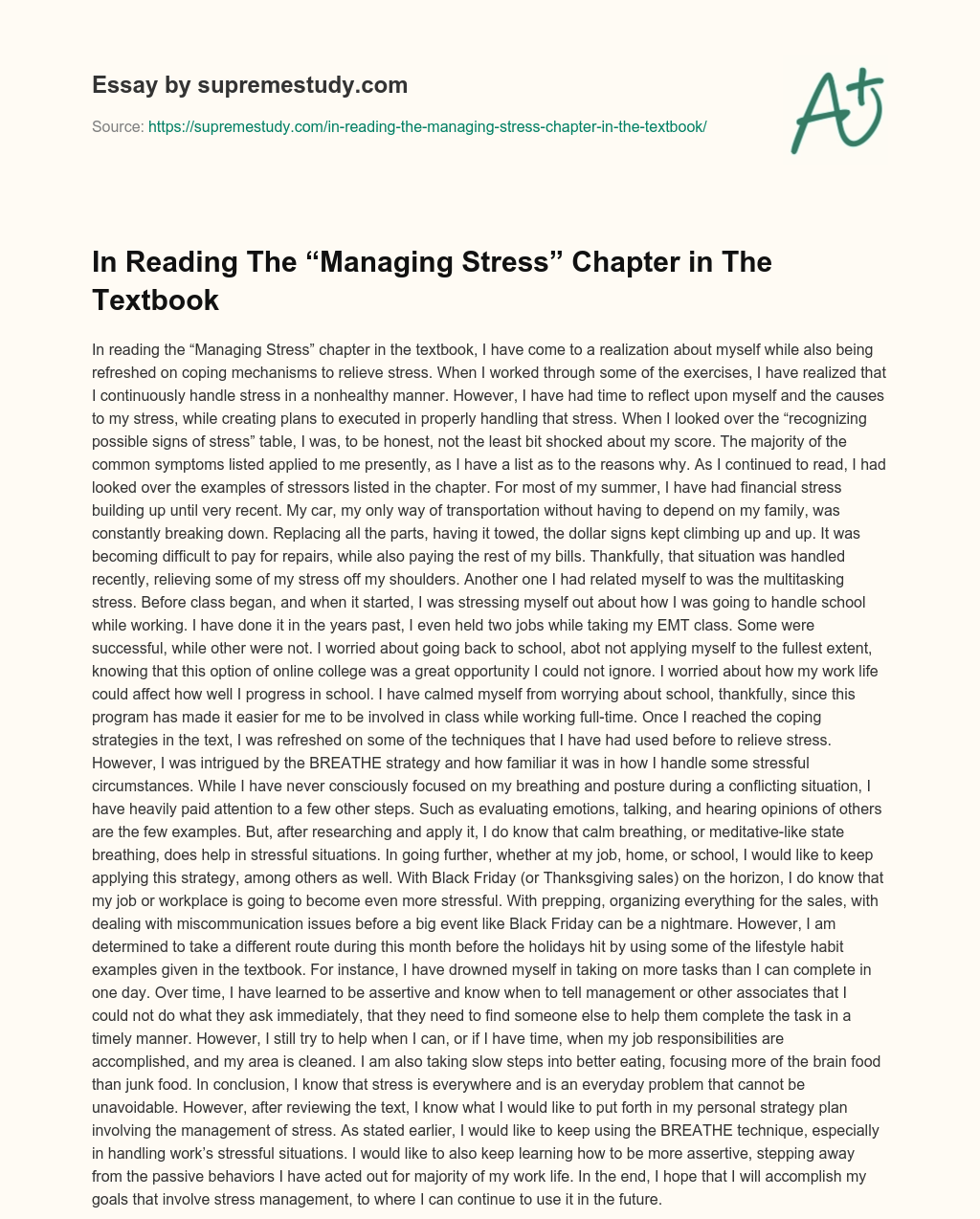 In Reading The “Managing Stress” Chapter in The Textbook essay