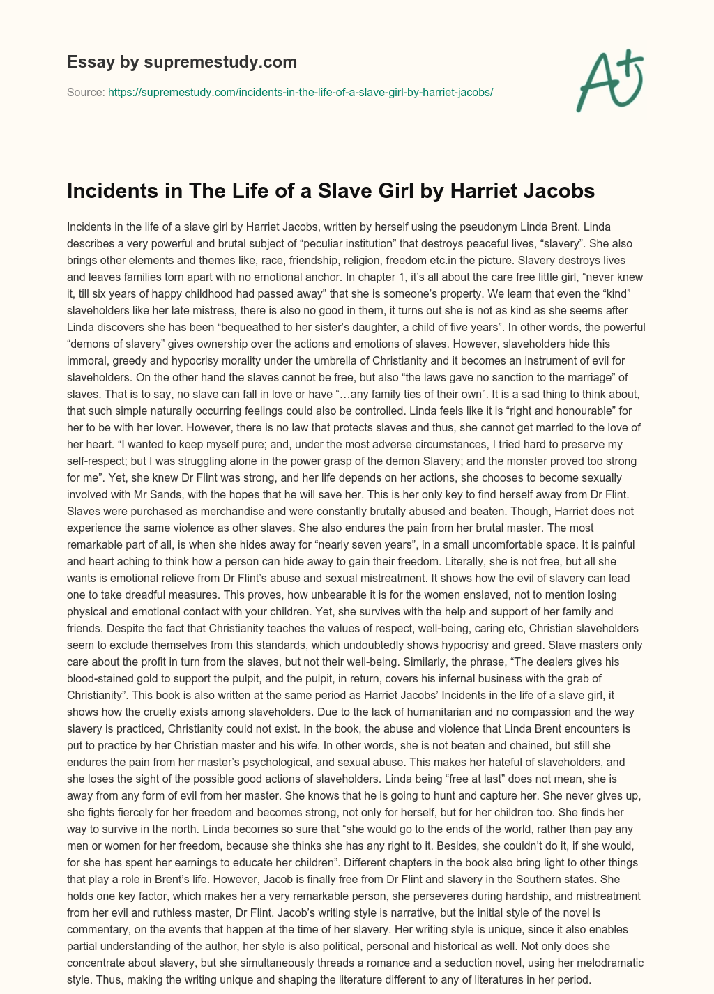Incidents in The Life of a Slave Girl by Harriet Jacobs essay