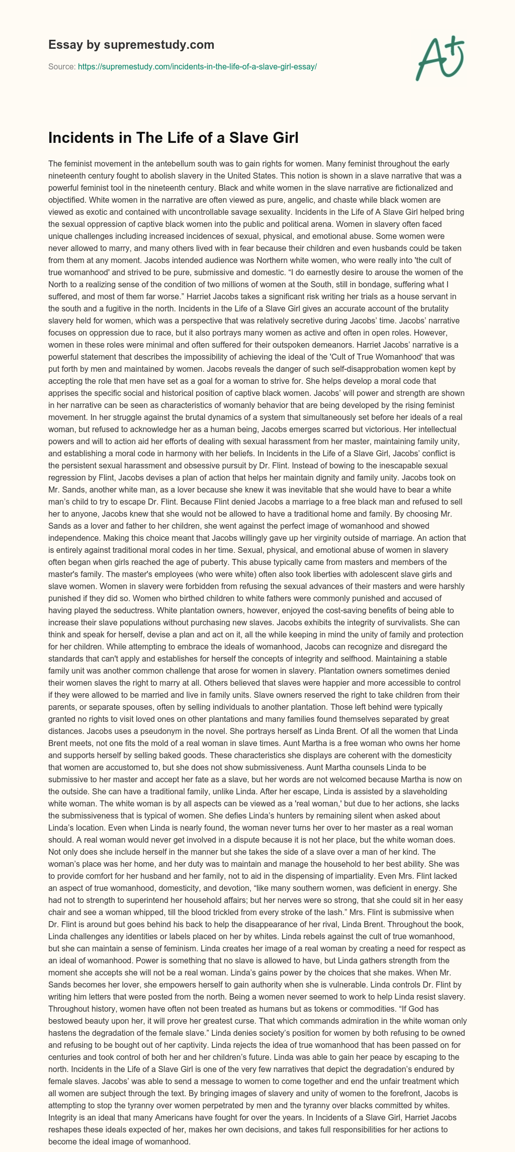 Incidents in The Life of a Slave Girl essay