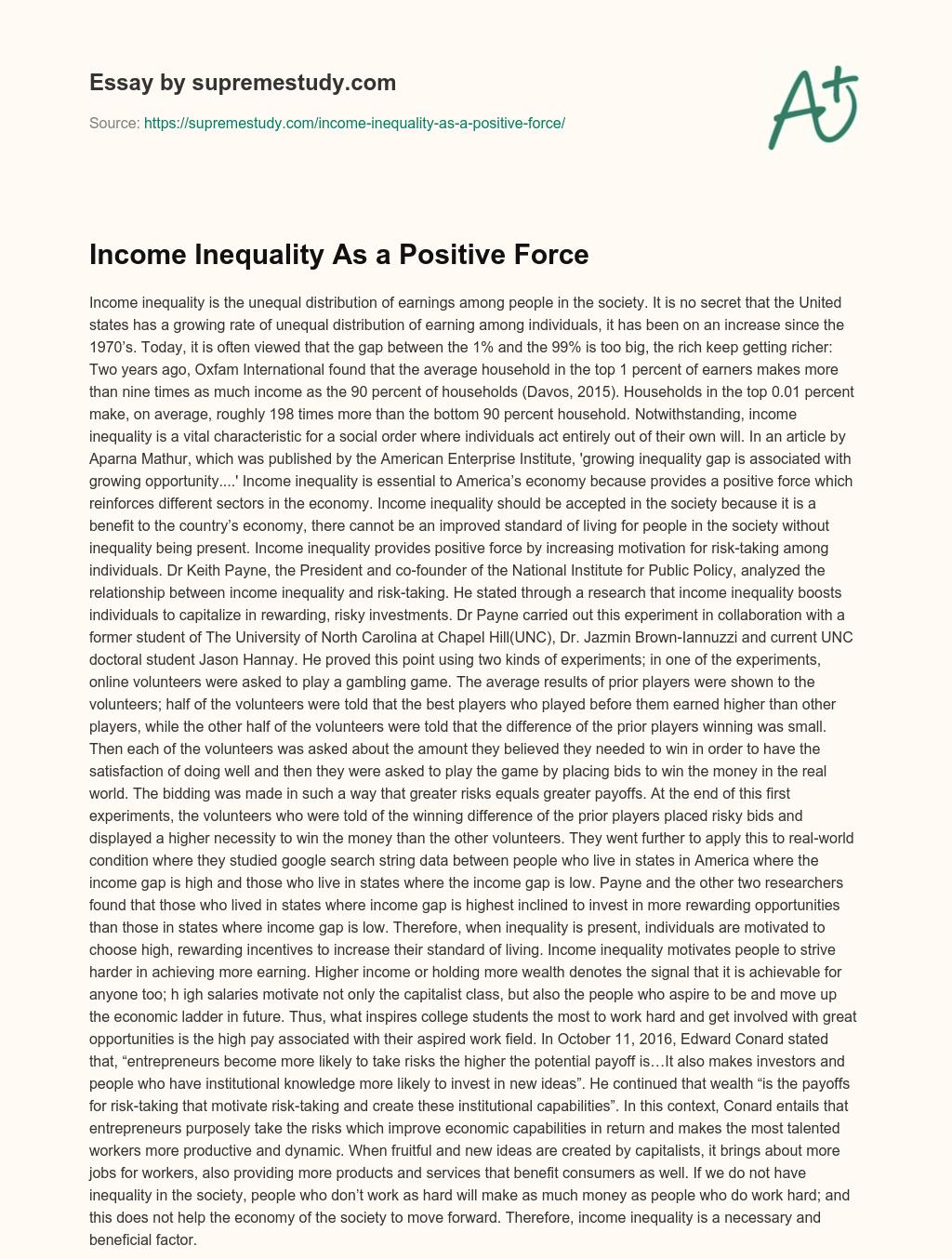 Income Inequality As a Positive Force essay