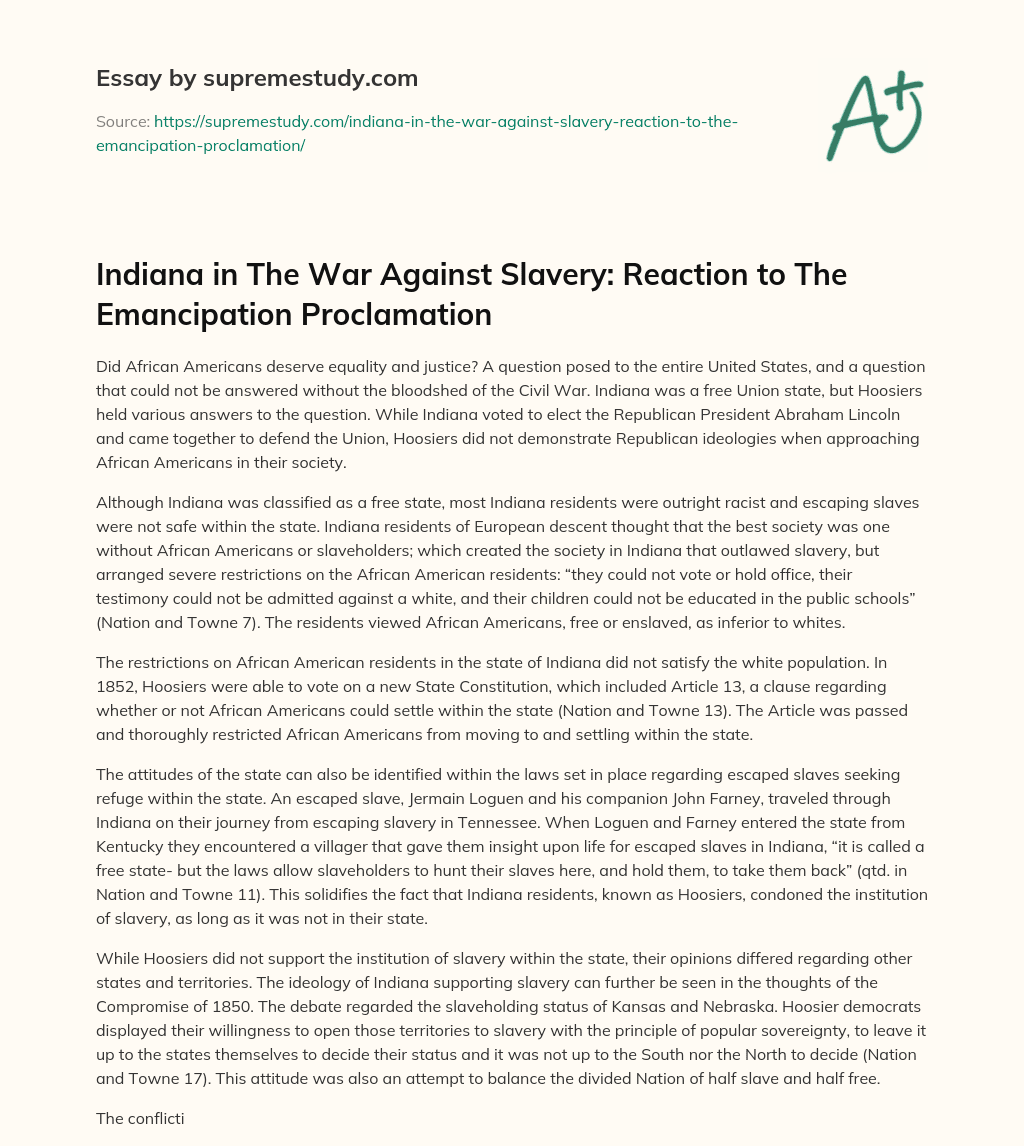Indiana in The War Against Slavery: Reaction to The Emancipation Proclamation essay