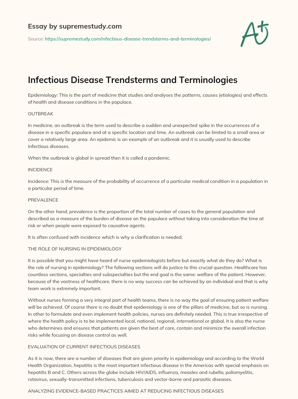 Infectious Disease Trendsterms and Terminologies essay