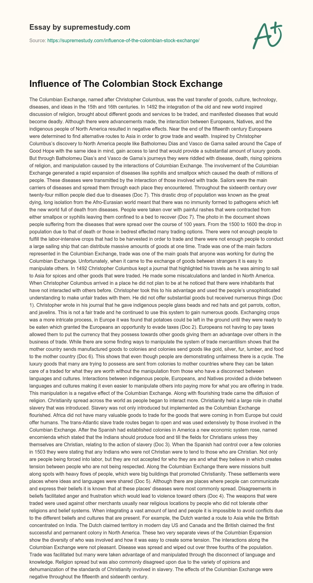 Influence of The Colombian Stock Exchange essay